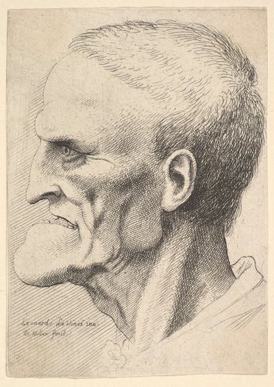 Hodet til en gammel mann med en uttalt hake, kort beskåret hår og gapende munn som viser ..., 1625-77. av Wenceslaus Hollar