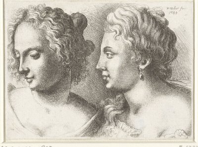Hoder til to unge kvinner Varie figurae et probae (serietittel) Karikaturer, hoder og misdannelser etter Leonardo da Vinci (serietittel) av Wenceslaus Hollar