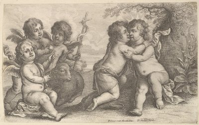 Jesus og St. Johannes omfavner, med kjeruber, 1646. av Wenceslaus Hollar