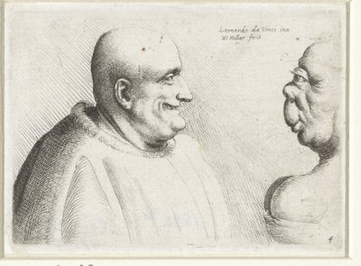 Hoder til en stor skallet mann og grotesk kvinne Varie figurae et probae (serietittel) Karikaturer, hoder og misdannelser etter Leonardo da Vinci (serietittel) av Wenceslaus Hollar