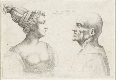 Hoder til en skallet mann og kvinne med turban Varie figurae et probae (serietittel) Karikaturer, hoder og misdannelser etter Leonardo da Vinci (serietittel) av Wenceslaus Hollar