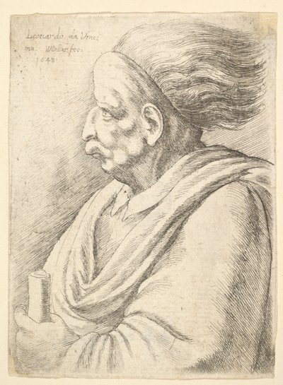 Mann med karikerte trekk og hår som strømmer bak, i halv lengde til venstre, 1648. av Wenceslaus Hollar