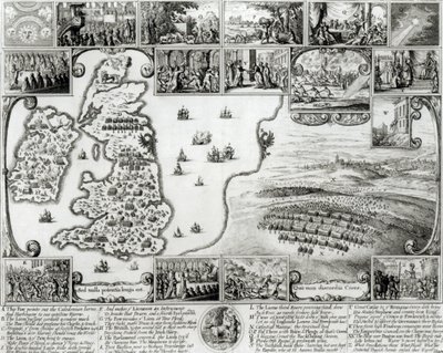 Kart over borgerkrigen England og utsikt over Praha, 1632 av Wenceslaus Hollar