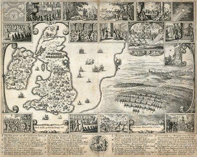 Kart over De britiske øyer og illustrasjoner av historiske begivenheter fra 1600-tallet, c1659 av Wenceslaus Hollar