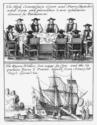 Medlemmer av Stjernekammeret; Dronning Henrietta Maria seiler fra England av Wenceslaus Hollar