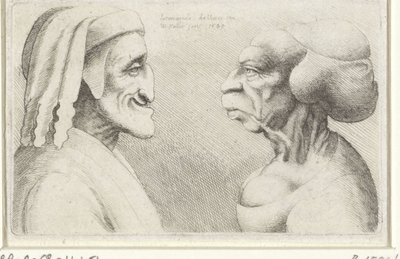 Deformerte karikaturhoder av en mann med hatt (Dante?) og en kvinne Varie figurae et probae (serietittel) Karikaturer, hoder og misdannelser etter Leonardo da Vinci (serietittel) av Wenceslaus Hollar