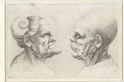 Deformerte hoder til en skallet mann og kvinne med horn på hodet Varie figurae et probae (serietittel) Karikaturer, hoder og misdannelser etter Leonardo da Vinci (serietittel) av Wenceslaus Hollar