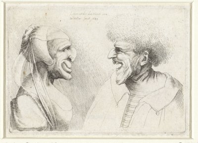 Deformerte hoder til en smilende mann og kvinne med hodehette Varie figurae et probae (serietittel) Karikaturer, hoder og misdannelser etter Leonardo da Vinci (serietittel) av Wenceslaus Hollar