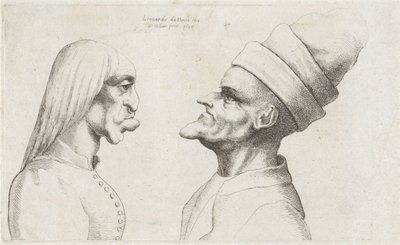 Deformerte hoder til en kvinne med rett hår og en mann med dobbelbremmet hatt Varie figurae et probae (serietittel) Karikaturer, hoder og misdannelser etter Leonardo da Vinci (serietittel) av Wenceslaus Hollar