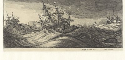 Krigsskip og en hval i en havstorm Sjøstormer (serietittel) av Wenceslaus Hollar