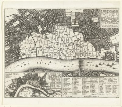 Kart over London etter den store brannen i 1666 Et kart eller grunnplott over City of London and the Suburbes (...) (tittel på objekt) av Wenceslaus Hollar