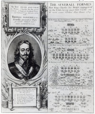 Portrett av kong Charles I med diagrammer som viser dannelsen av troppene hans under bispekrigen, ca. 1639 av Wenceslaus Hollar
