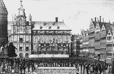 Proklamasjon av freden i Westfalen i 1648, gravert av F. Wyngaerde av Wenceslaus Hollar