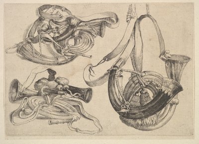 Syv jakthorn i tre grupperinger, 1625-77. av Wenceslaus Hollar
