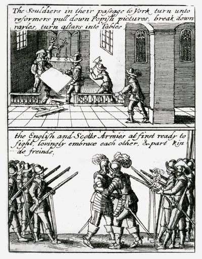 Soldater ødelegger religiøse bilder i en kirke; Engelske og skotske soldater omfavner av Wenceslaus Hollar