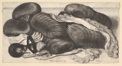 Stilleben med en gruppe muffer, et par hansker, vifter, maske og to tørkle, 1647. av Wenceslaus Hollar