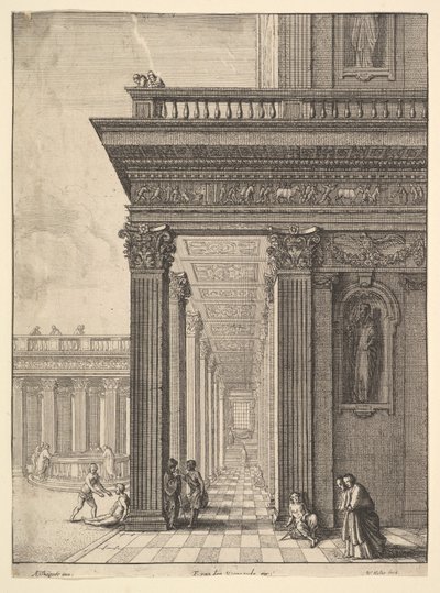 Tempelgård med figurer, etter David Teniers den eldste, 1625-77. av Wenceslaus Hollar