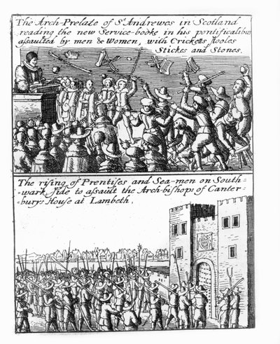 Erkeprelaten til St. Andrews forkynner i Skottland; oppgang av lærlinger og sjømenn ved Lambeth Palace av Wenceslaus Hollar