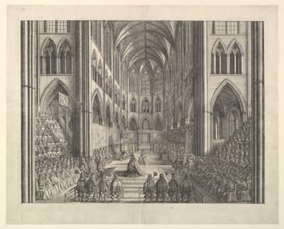 Kroningen av kong Charles II i Westminster Abbey, 23. april 1661 (fra John Ogilbys «The Entertainment of...Charles II», London, 1662) av Wenceslaus Hollar