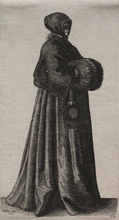 Engelske kvinners flere vaner, fra adelen til landskvinnene slik de er i disse tider: Kvinnen med maske, hette og muff av Wenceslaus Hollar