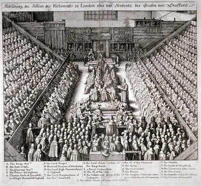 Rettsaken mot Thomas Wentworth, jarl av Strafford, Westminster Hall, London, 1641. av Wenceslaus Hollar