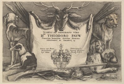 Tittelblad med hunder og jaktutstyr, 1646. av Wenceslaus Hollar