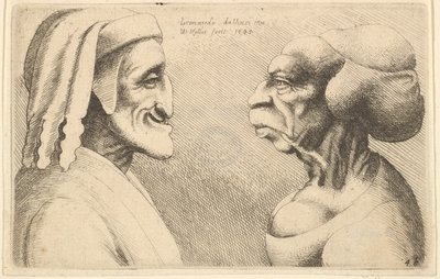 To deformerte hoder figuren til venstre er muligens en karikatur av Dante, 1645. av Wenceslaus Hollar