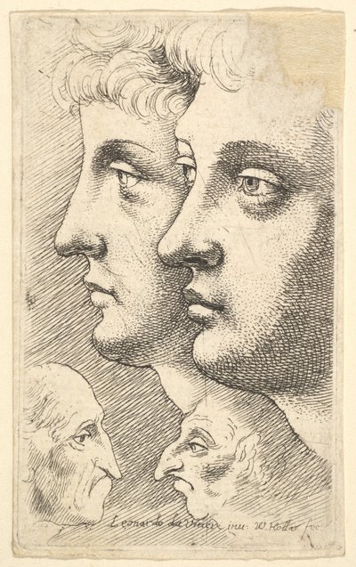 To ungdommer i profil til venstre med to groteske hoder vendt mot hverandre under, 1625-77. av Wenceslaus Hollar