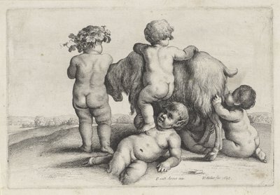 Fire gutter, en satyr og en geit Putti and Satyrs (serietittel) av Wenceslaus Hollar