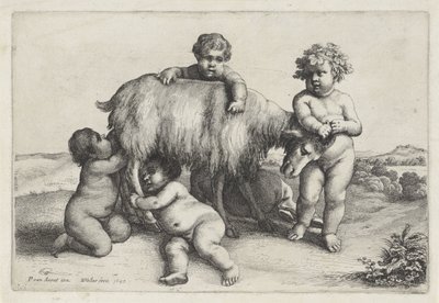 Fire gutter, en satyr og en geit som står til høyre Putti and Satyrs (serietittel) av Wenceslaus Hollar