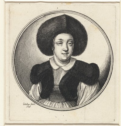 Kvinne med pelslue Kvinnebyster i runde rammer (serietittel) av Wenceslaus Hollar