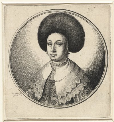 Kvinne med blondekrage, øredobber og pelslue Kvinnebyster i runde rammer (serietittel) av Wenceslaus Hollar
