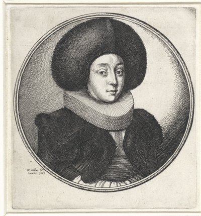 Kvinne med volangkrage og stor pelslue Medaljonger med kvinnebyster (serietittel) av Wenceslaus Hollar