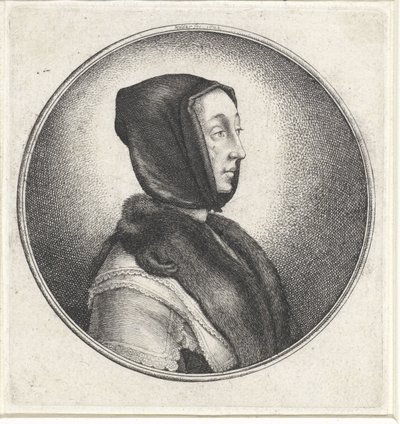 Kvinne med svart hodeskjerf og pels stjal Medaljonger med kvinnebyster (serietittel) av Wenceslaus Hollar