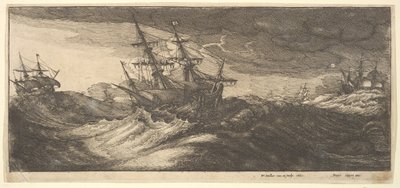 Krigsskip og en sprutende hval, 1665. av Wenceslaus Hollar