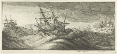 Krigsskip og en sprutende hval av Wenceslaus Hollar