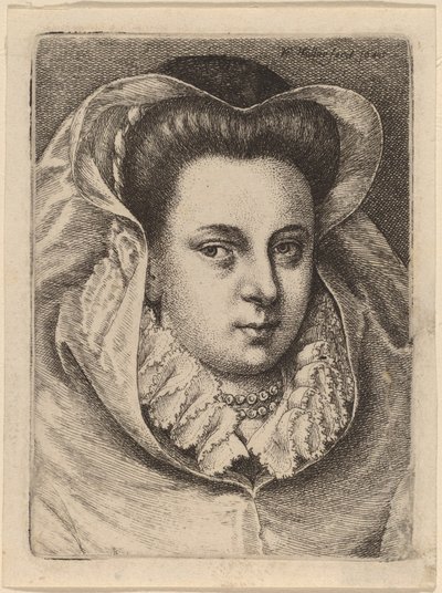 Kvinne med hvitt slør og svart hatt (Mary Stuart?) av Wenceslaus Hollar