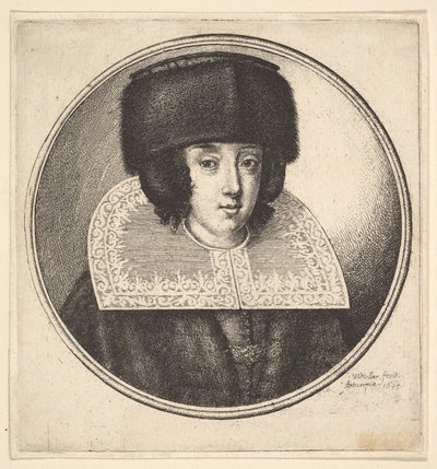 Kvinne med stiv blondekrage og flatkronet pelslue, 1645. av Wenceslaus Hollar