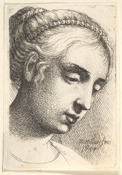 Kvinne med perlesnor i håret ser nedover til høyre, 1645. av Wenceslaus Hollar