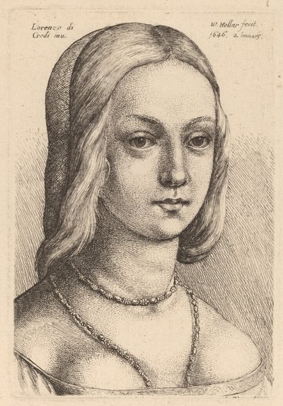 Leder for kvinne ser rett av Wenceslaus Hollar after Lorenzo di Credi