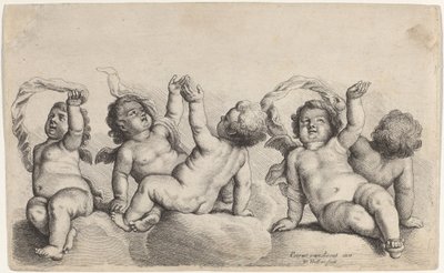 Tre kjeruber og to gutter løfter hver sin arm på skyene av Wenceslaus Hollar, after Peeter van Avont