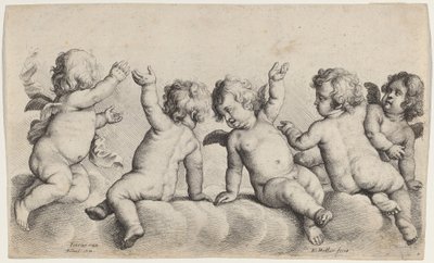 Tre kjeruber og to gutter på skyene av Wenceslaus Hollar, after Peeter van Avont