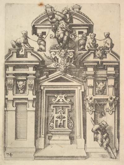 Design for en arkitektonisk struktur med et jakttema, plate 74 fra Dietterlin