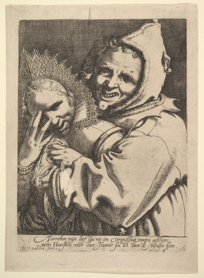 Fool med en jente som ser gjennom fingrene hennes. av Werner Jacobsz. van den Valckert