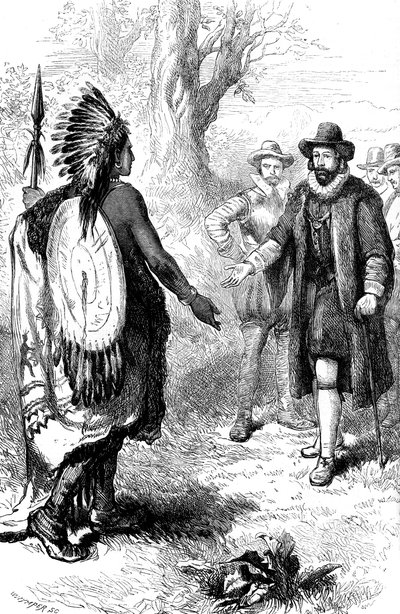Mottak av en Narragansett-kriger av John Winthrop, Massachusetts, c1630s c1880 av Whymper