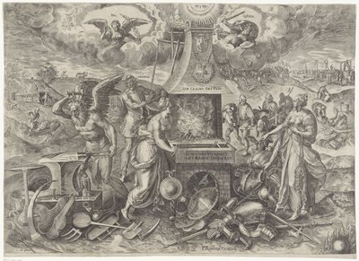Fredens kraft, 1577 Die Cracht des Peys (tittel på objekt) Allegorier om den fornyede fredsperioden i Nederland (serietittel) av Wierix