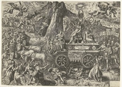 De triumphwagen van de vrede, 1577 Tegning av en triumferende fred (tittel på objekt) av Wierix