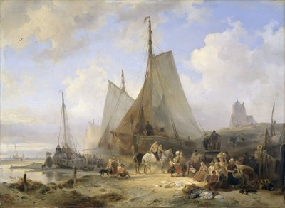 Fiskebåter på stranden med fiskere og kvinner som sorterer fangsten av Wijnand Nuijen