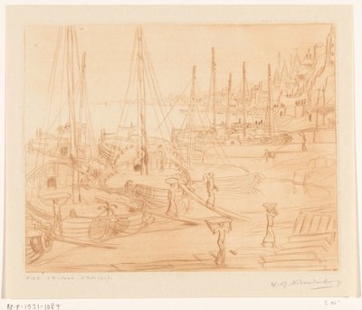 Fortøyde skip på bredden av Ganges i Benares Ships Lossing II (original tittel) av Wijnand Otto Jan Nieuwenkamp (signed by artist)