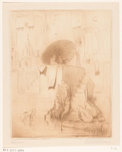 Kvinner som bader og vasker på bredden av Ganges i Benares Benares (original tittel) av Wijnand Otto Jan Nieuwenkamp (signed by artist)